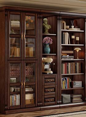中古风KZF实木书书柜大组合书架黑桃木玻璃门一体房抽屉储物胡置