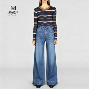 蓝色天丝棉阔腿直筒牛仔裤 子加绒 女中高腰摩登百搭宽松遮肉显瘦裤