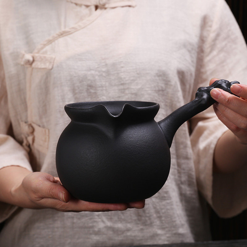火山石手工陶瓷茶壶黑色侧把壶围炉煮茶耐高温单壶茶具