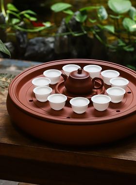 潮汕功夫茶茶茶盘储水用圆形超大号紫砂朱泥具船商式双层托盘茶海