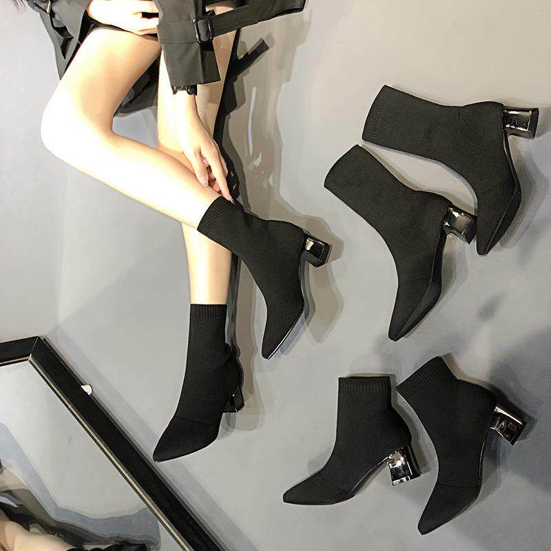 针织高帮袜863女中202搭5春季新靴款韩版百粗跟短靴薄款弹力瘦筒