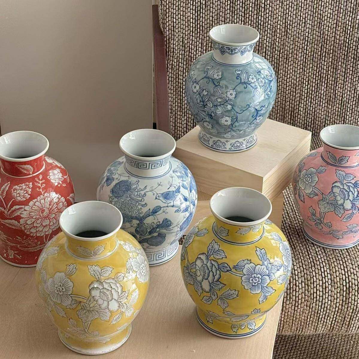 花新中式粉芍陶瓷花瓶青花瓷客厅-玄关插彩花器桌面居家摆件药花