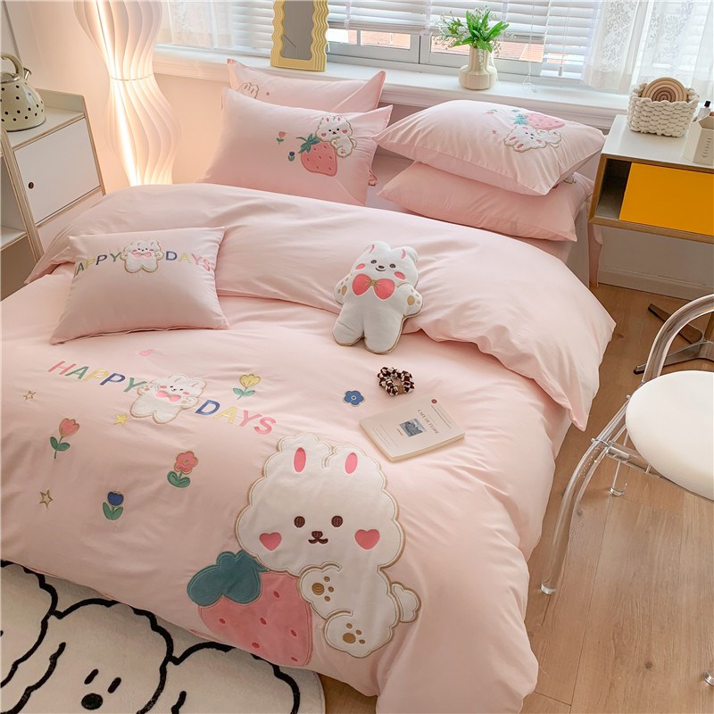 新款全棉女孩卡通长绒棉床上被套12Hm15米床单款三四件套小兔