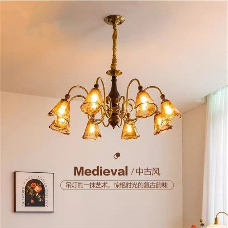 法式中古风e高级感客厅主灯美拉德覆古实木饭厅卧室玻璃吊灯