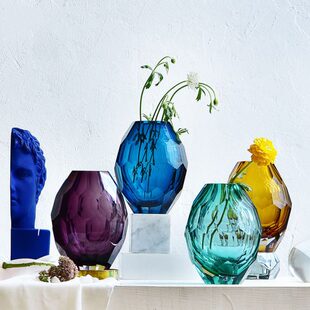 新款 库尔贝多棱角超质感彩色玻璃花 花器 样板房装饰品摆件