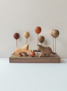 软萌治愈系 实木气球 朦胧猫木制手作G氛围玄关车载装饰 桌面摆件