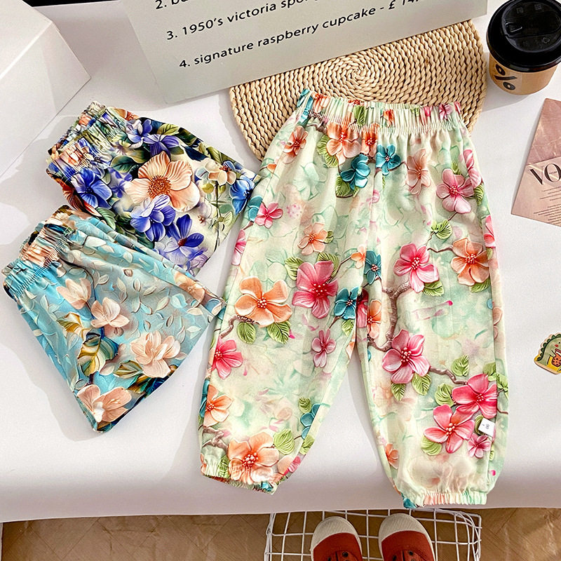 儿童裤子女童新中式国风九分花裤中大童夏季棉绸灯笼裤薄款束脚裤