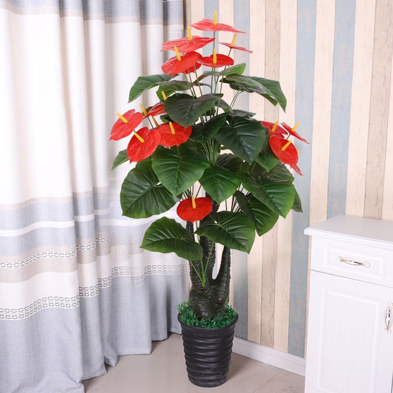 吉祥红掌假树假花室内客厅落地装饰仿真植物盆景塑料仿真花发财树