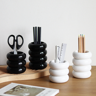 竹白家创意迷你桌面文具收纳罐圆形树脂笔筒笔插收纳桶可爱摆件