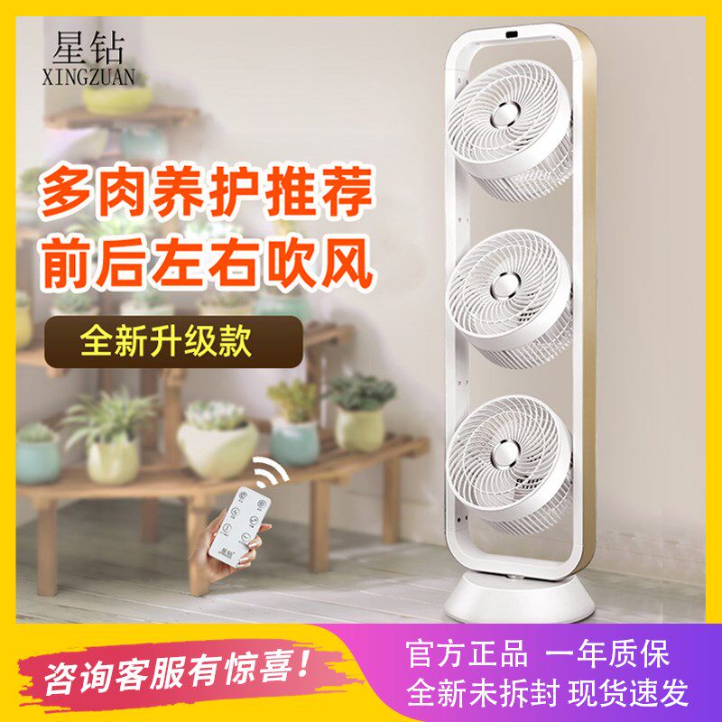 星钻三头扇空气循环扇家用空气对流遥控自动摇头电风扇多肉通风扇