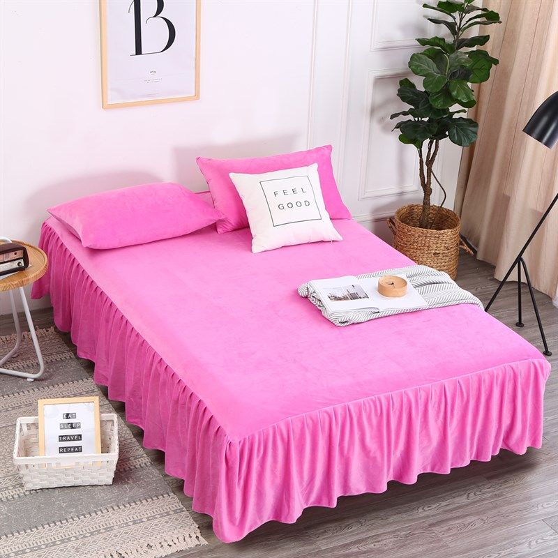 水晶绒床裙单件纯色加绒保暖短毛法兰绒珊瑚绒床罩防滑床单三件套