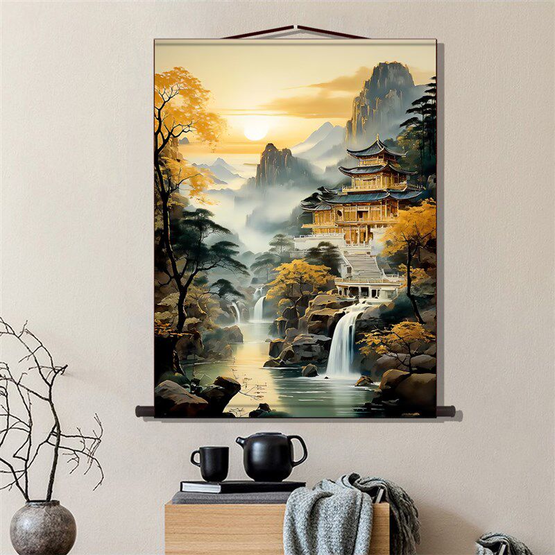 仙家堂口国画山水风景暗堂流水生财玄关客厅装饰道家卷轴挂画