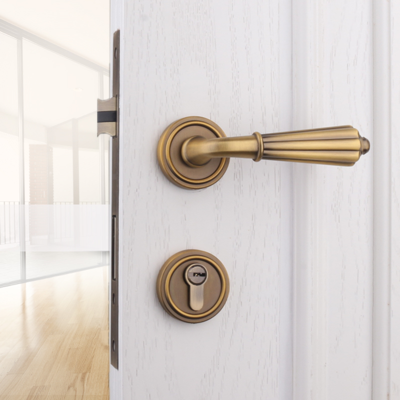 依佰利法式黄古铜门锁复古卧室房门锁静音磁吸门锁法国古典门把手