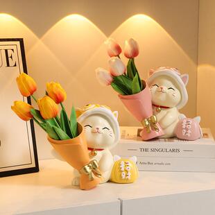 捧花财招猫摆件TFI景关可爱轻玄奢高档家居盆客厅电视柜桌面装饰