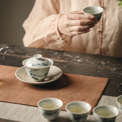 拟古古青手花碗绘盖青功夫茶具泡茶碗手工薄胎不烫手敬茶碗泡茶碗