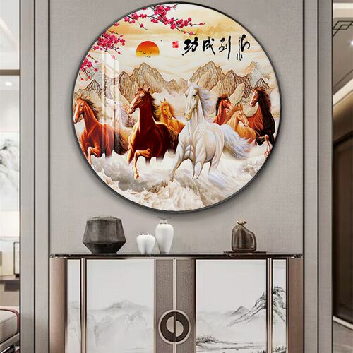 八骏全图客厅装饰画马到成功进门过道玄关走廊挂画办公室圆形壁画