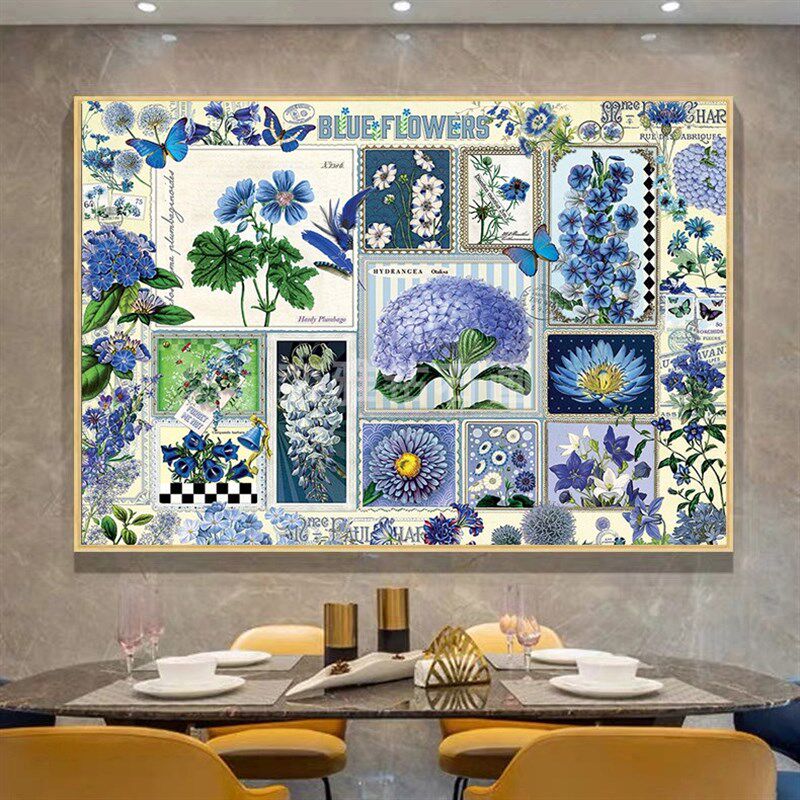 DIY方钻满钻钻石画餐厅卧室温馨蓝色花朵合集自己手工贴钻十字绣