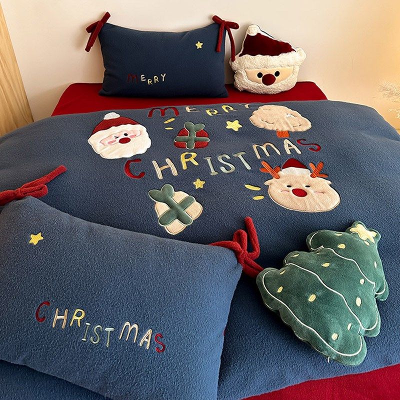圣诞款冬季保暖仿羊毛绒四件套加厚卡通刺绣儿童被套床品蓝粉色,床上用品,床品套件/四件套/多件套,淘宝优惠券,粉丝福利购,淘宝优惠卷