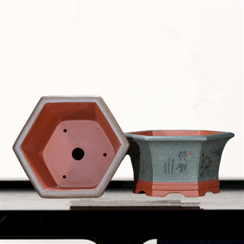 精品紫砂花盆六方形六角形大号陶瓷盆纯手工室内梅花老桩盆景盆