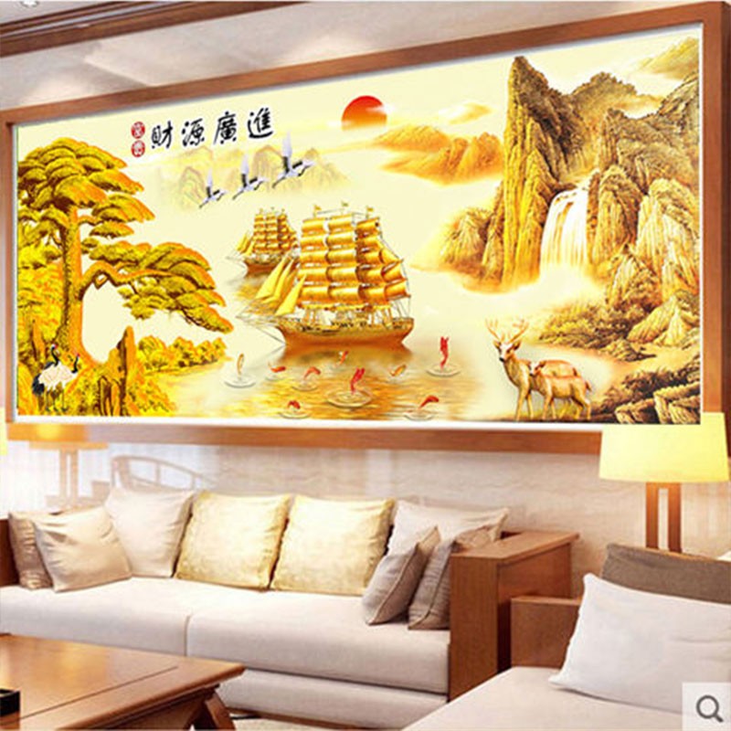 2021新款砖石绣十字绣财源广进迎客松钻石画风景一帆风顺满钻客厅