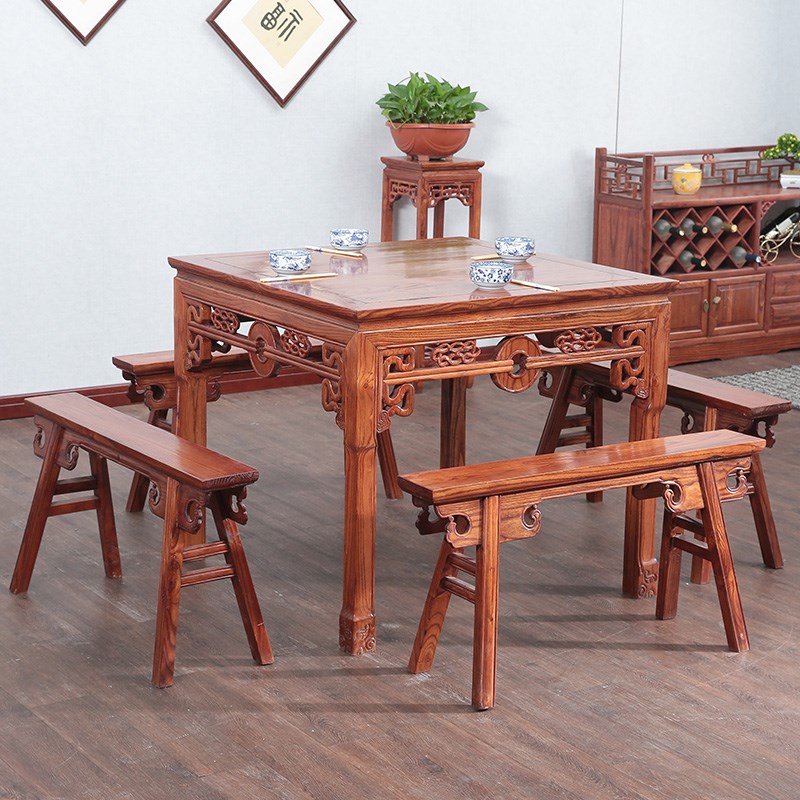 实木铜钱八仙桌南榆木中式仿古家具农村古典小方桌餐桌正方形餐桌