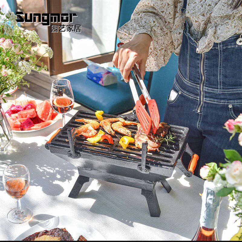 Sungmor 铸铁烧烤架木炭烤串烤肉炉子2-3人BBQ烤鱼烤炉庭院户外用