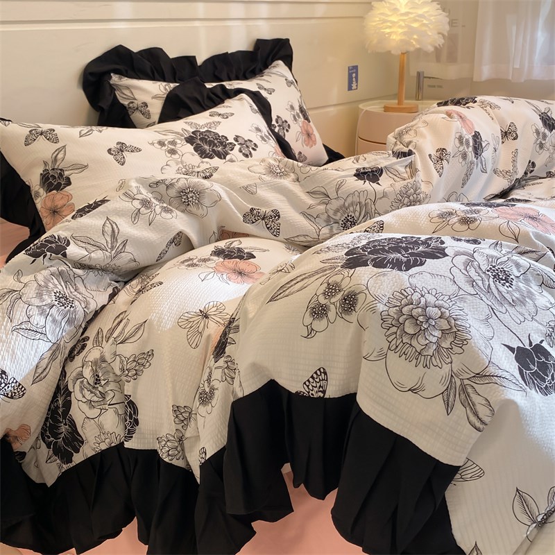 法式公主风ins赫本黑色花边水墨花水洗棉四件套学生床单三件套1.8