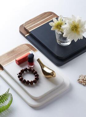 轻奢铜条接托盘天然岩石哑光意黑色盘置拼物ZKE盘创大理石拼接平