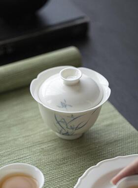 墨己宋足功花口盖碗夫手茶具陶瓷绘青XVT花兰花家用泡茶碗盖碗