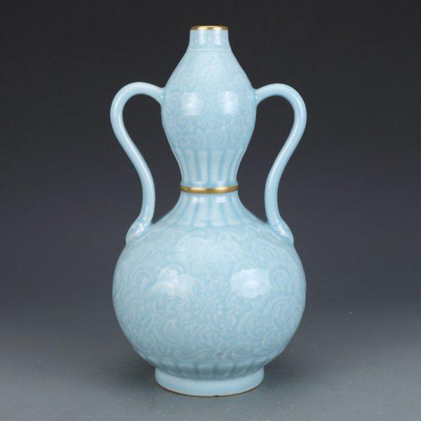 花瓶清乾隆瓷器天蓝釉描金葫芦瓶仿古瓷器古董古玩明清老瓷器收藏