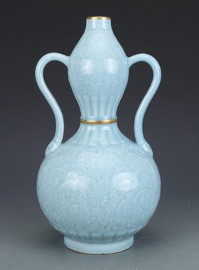 花瓶清乾隆瓷器天蓝釉描金葫芦瓶仿古瓷器古董古玩明清老瓷器收藏