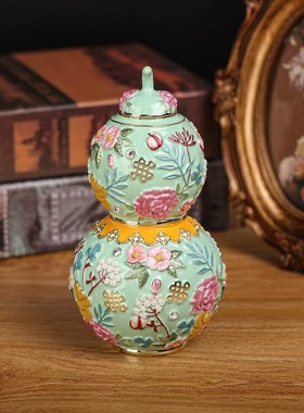 高档金属工艺品国潮珐琅彩花开富贵葫芦桌面风水摆件合金装饰盒