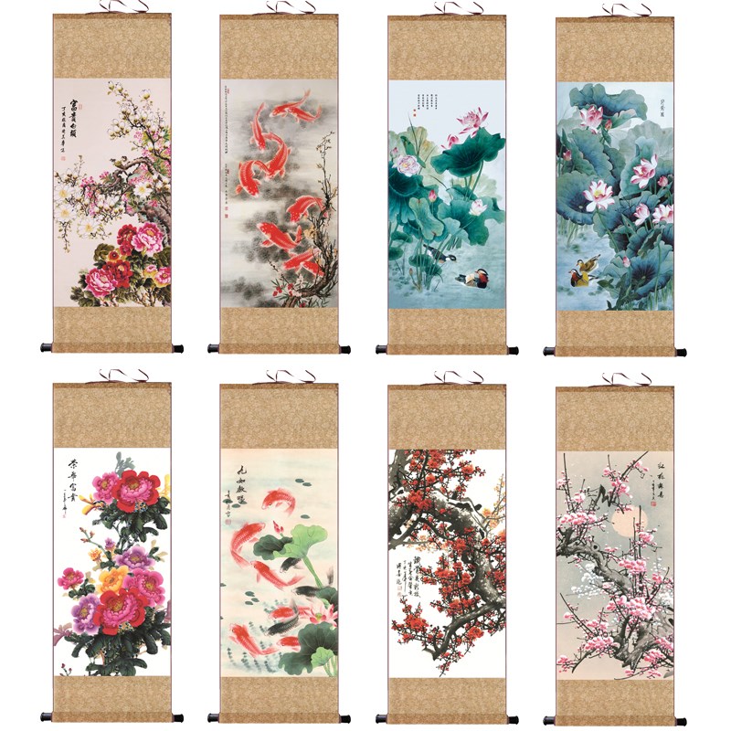 富贵荣华牡丹九鱼图招财茶楼挂画喜上眉梢送礼丝绸画卷轴装饰挂画