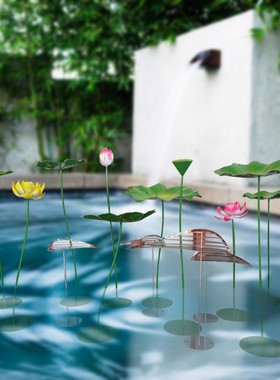 户外不锈钢镜面荷花鱼雕塑定制金属抽象小鱼动物摆件庭院水池景观