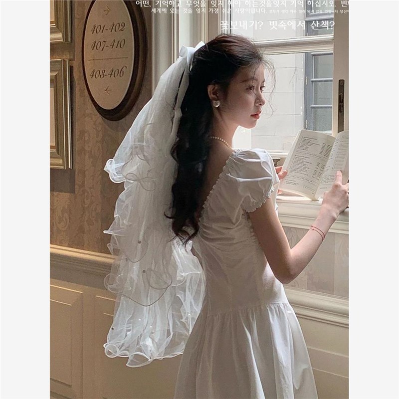 新娘头纱主婚纱领证登记求婚多层卷边珍珠蝴蝶结写真婚纱拍摄道具