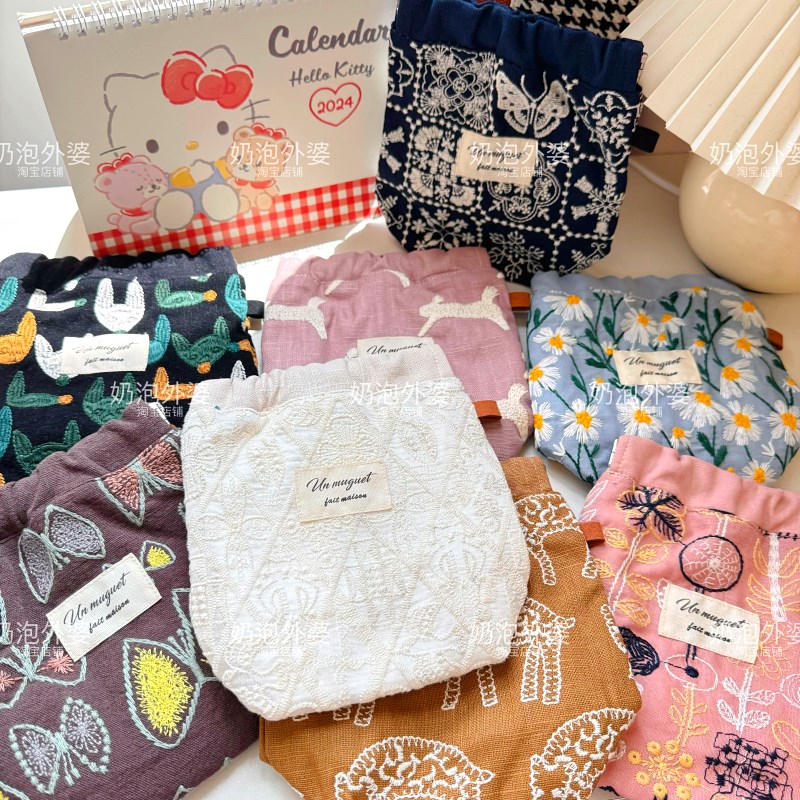 ins棉麻刺绣布艺手工化妆品收纳包口金束口袋零钱钥匙口红收纳包