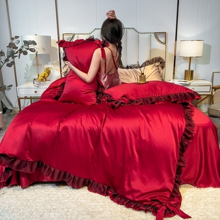 2021轻奢水洗真丝夏季 冰爽空调房床单大红色结婚庆1.8米2m四件套