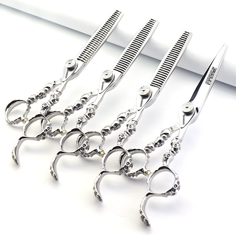 一件代发手柄专业理发剪刀发型师剪头发6寸骷髅头平剪牙剪20%-30%