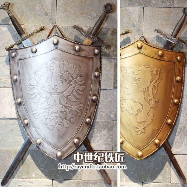 欧式客厅背景墙面装饰壁挂/中世纪复古手工艺品/铁制盔甲盾牌配剑