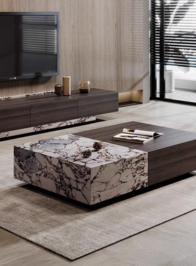 烟熏色长方形实木大理石茶几意式极简小户型储物客厅家用高端茶桌