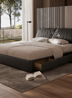 大象耳朵2026新款主卧床储物黑色全真皮轻奢高端大气落地双人大床