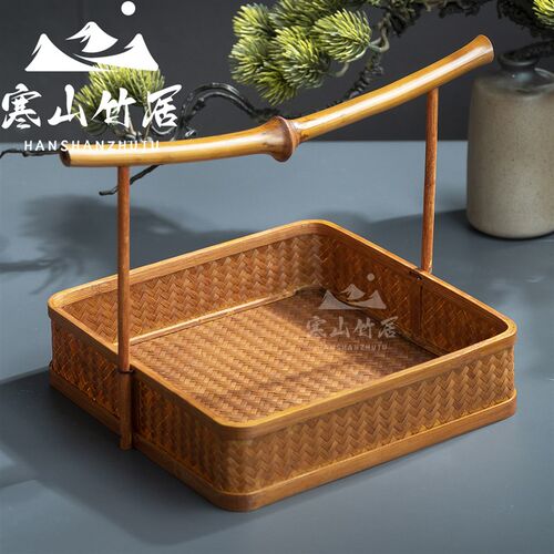 邱师傅竹木 TL004原生态纯竹工编织提篮正方形竹编筇手正方形竹篮