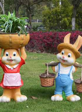 花园装饰 庭院树脂卡通兔子摆件花缸户外别墅花盆创意园艺摆件