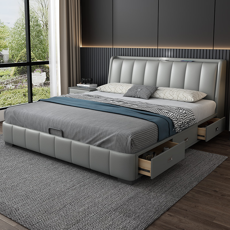 2023新款多功能真皮床轻奢现代简约双人大床主卧1.8米储物软包床
