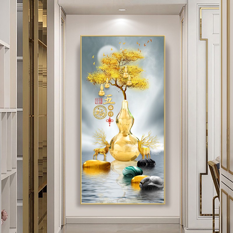 五福临门玄关装饰画晶瓷画入户正对门画走廊过道轻奢现代麋鹿挂画