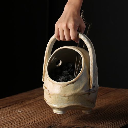 煮茶炭核桃炭橄榄乌榄炭枣炭提梁盛炭容器日式回流陶瓷复古装炭器