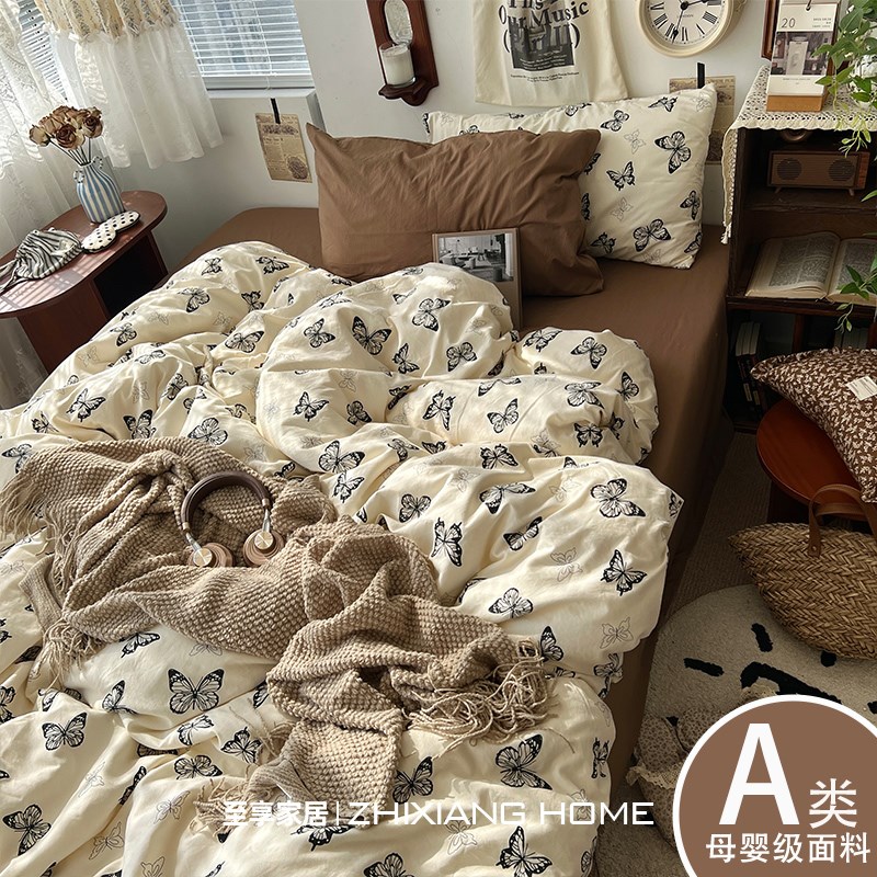 中古风混搭床上四件套水洗棉双层纱E床单人被套罩床笠宿舍三件套