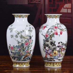 粉彩花瓶五子登科薄胎瓷中式陶瓷家居客厅插花装饰品书房玄关摆件