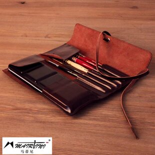 头层24色固体水彩颜料防皮制笔袋复古手工创意简约卷帘式