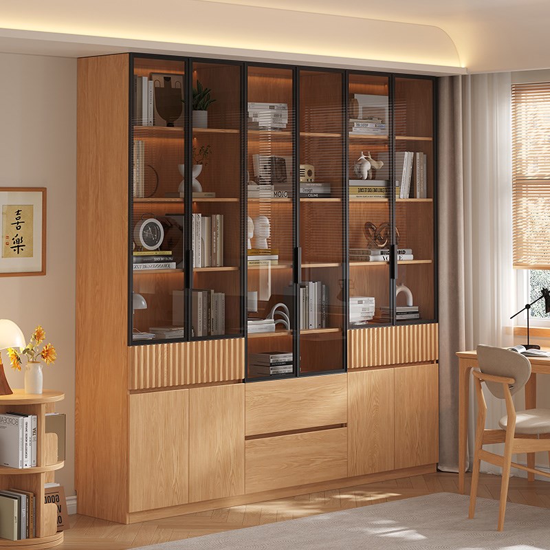 定制橡木实木书柜满墙收纳柜落地A自由组合书架家用玻璃到顶展示